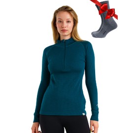Merino Wool Base Layer Women - 100% Merino Half Zip Sweater Women Lite, Midweight, Heavyweight Thermal Shirts and Socks (Large, 250 Deep Teal)