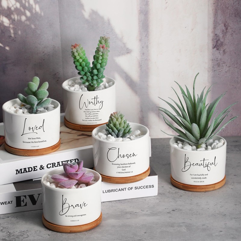 Fumete 12 Pcs Bible Verse Succulent Pots with Tray Drainage,
