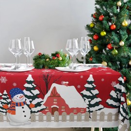 ROLOSI Rectangle Christmas Table Cloth 60 x 102 Inch Snowman Tablecloth Xmas Trees Red Table Cloth Christmas Table Cover For Rectangle Tables Waterproof Tablecloth For Holiday Dining Party Decorations