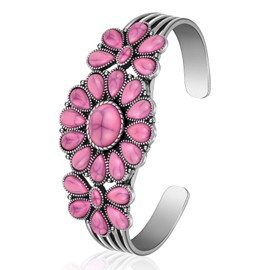 Bonuci Turquoise Bracelet Women Western Style Jewelry Turquoise Cuff Bracelet Adjustable Cluster Flower Silver Bracelet Turquoise Stone Bracelet for Women Retro Party(Pink)