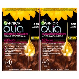 Garnier Olia Permanente Haarfarbe ohne Ammoniak, mit natürlichen Blütenölen für eine aufhellende und nährende Wirkung, Farbe 5.35 Schokoladenbraun - 2 Packungen