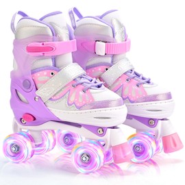 NEMONE 4 Size Adjustable Light up Roller Skates for Girls, Butterfly Roller Skates for Kids Ages 4-6 5-8 6-12 8-12, Todder Beginner Skates Indoor Outdoor Pink Purple M