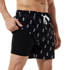 BRISIRA - Traje de baño para hombre, secado rápido, 5 pulgadas, con entrepierna elástica, con forro de compresión, bolsillo con cierre, negro (Black Pineapple), 28