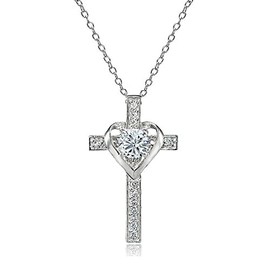 B. BRILLIANT Sterling Silver Cubic Zirconia Heart in Cross Necklace for Women