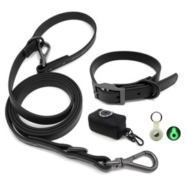 ZALER Dog Collar and Leash Set, Waterproof Adjustable Odor Proof Pet Collars Leashes for Large, Medium Small Dogs, 6FT Dog Leash with Airtag Dog Collar Holder and Dog Poop Bag Holder (M, Black)