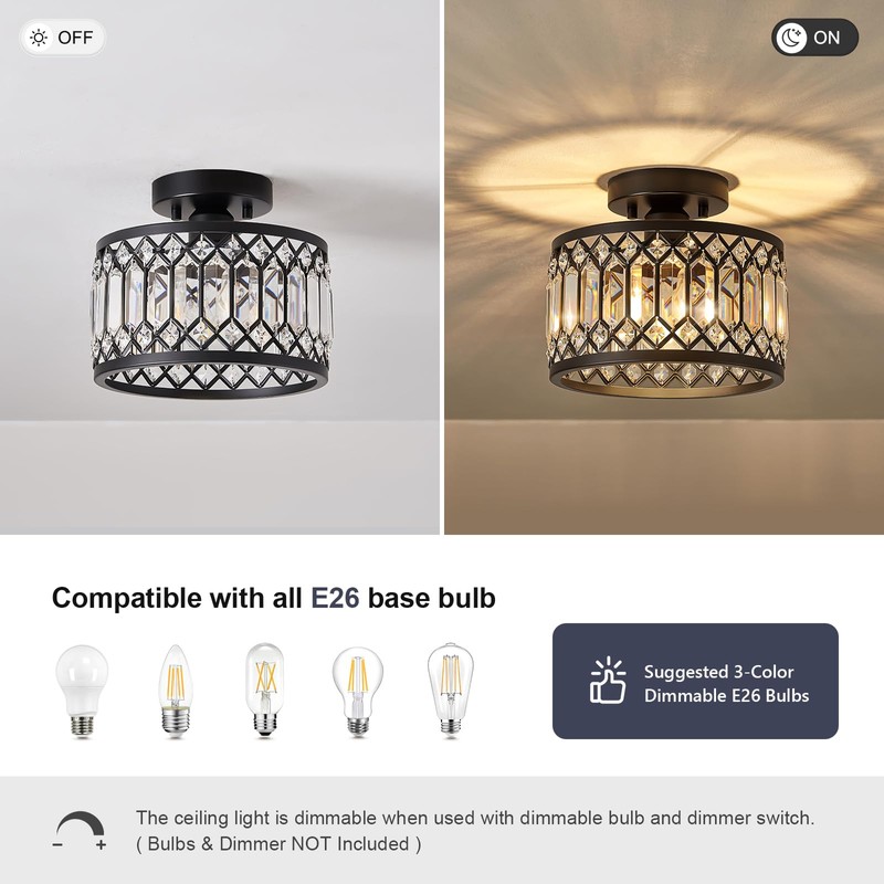 Pevfah Crystal Black Ceiling Light, Modern Semi Flush Mount Ceiling