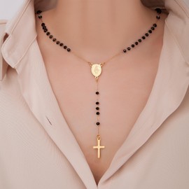Kzathterine Cross Necklace, 18K Gold Religious Black Bead Rosary Cross Necklace -Y Necklace for Women Jewelry With Gift Box