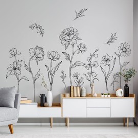 Tanlaby Black and White Flowers Wall Stickers Simple Floral Wall Decals Wildflowers Peel and Stick Art Decor for Girls Bedroom Living Room Office TV Sofa Backdrop