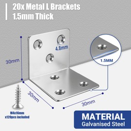 Xyxu L Brackets for Wood, 20pack Heavy Duty 30x30x30mm Metal Right Angle Corner Sleeper Brackets for Wood with 60pcs Screws, 1.5mm Thick Galvanised Steel L Shaped Bracket for DIY, Home Repair
