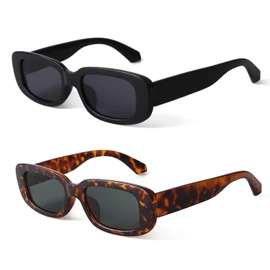 BUTABY Rectangle Sunglasses for Women Retro Driving Glasses 90’s Vintage Fashion Narrow Square Frame UV400 Protection, Black Frame Grey Lens+leopard Frame Dark Green Lens, Medium