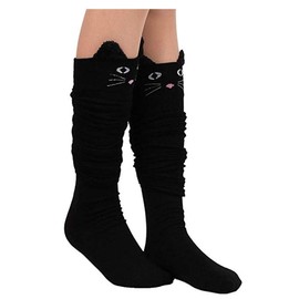 Womens Knee High Socks, womens socks, PXH Ladies Cat Catoon Cute Novelty Long Socks Over Knee High Sock. Black 58cm/22.83"