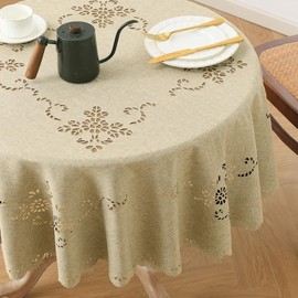 Wracra Macrame Waterproof Table Cloth, Farmhouse Linen Style Round Table Cover, Wrinkle Resistant Washable Indoor Outdoor Table Cloth (Khaki, Round 48")