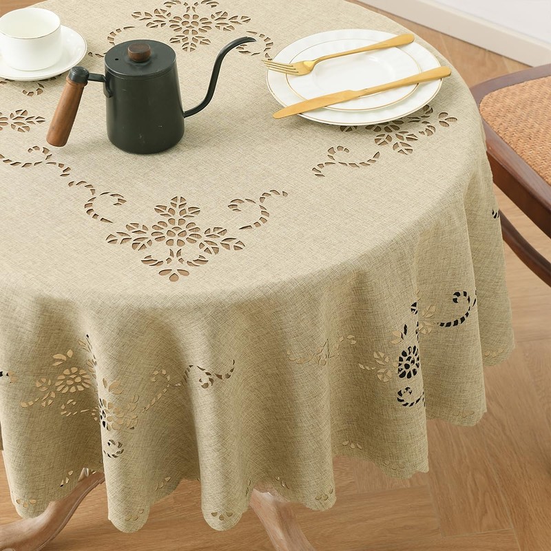 Wracra Macrame Waterproof Table Cloth, Farmhouse Linen Style Round Table