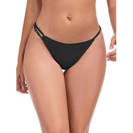 Colloyes Women's High Cut Low Waisted Bikini Bottoms Adjustable Asymmetric Side Straps Bathing Suit Bottoms Black Size Medium