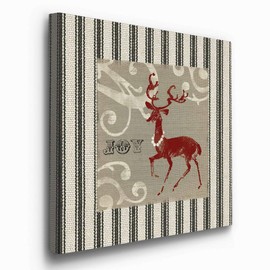 Renditions Gallery Joy Reindeer Wall Art, Cute Christmas & Winter Decor, White & Red with Striped Fabric Look, Premium Gallery Wrapped Canvas, Ready to Hang, 32 in H x 32 in W, Made in America