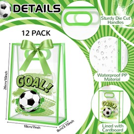 Aliceset 12 Pcs Soccer Clear Goodie Bag with Die Cut Handles and Ribbons Sport Theme Party Favor Bags for Soccer Team Snack Wrapping Teamer Gifts Birthday Party Treats Supplies, 7x10x3.15 Inch