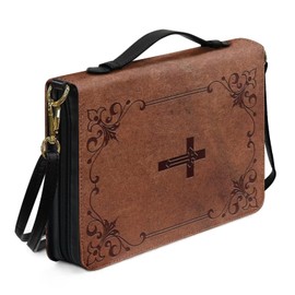 Wetoricau Brown Cross Floral Bible Cover Lightweight Bible Case Waterproof Study Scripture Bag with Zipper Pocket Bible Organizer Case Bible Journaling Supplies, L