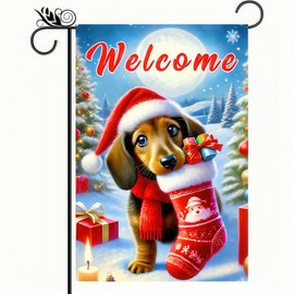 Merry Christmas Garden Flag 12x18 Double Sided Cute Dachshund Dog Winter Garden Flag Holding Gift Stocking Christmas Yard Flags for Winter Christmas Seasonal Banner