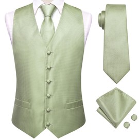 Hi-Tie Sage Green Silk Suit Vest for Mens with Tie Handkerchief Jacquard Formal Dress Waistcoat for Tuxedo Wedding Party Business