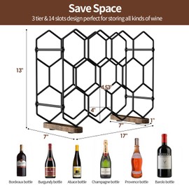 Nuovoware Countertop Wine Rack, 14-Bottle Freestanding Modern Carbon Steel Holder Hexagonal Structure, 3 Tier Tabletop Wine Bottle Organizer Storage for Cabinet, Pantry, Black+Retro Brown