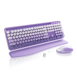 FCPLU xUBOTIE Wireless Keyboard and Mouse, Colorful 104-Key QWERTY with Round Keys, Phone Holder, Wrist Rest, Power Buttons, 2.4GHz USB for PC Laptop(Purple Gradient)