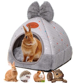Bunny Bed Hideout House Cage Accessory for Rabbit Guinea Pig Chinchilla Hamster Cozy Squirrel Hedgehog and Warm Rabbit Bed with Cute Bowknot Design(Grey)
