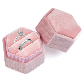 Pink Velvet Ring Box, 2 Slot Wedding Ring Box with Removable Lid, Small Vintage Engagement Ring Box, Hexagonal Ring Box, Ring Box for Proposal, Anniversaries, Weddings, Valentine's Day, Engagements