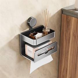 MIKEE Toilet Paper Holder with Storage Shelf - No Drill Wall Mount Suction Cup Tissue Holder with Phone Shelf, Space Aluminum Rustproof & Anti-Slip, Space-Saving Design for Bathroom, Kitchen,RV