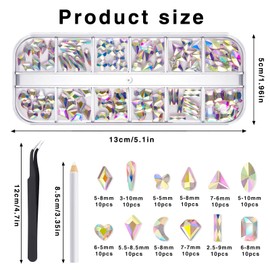 120 pcs Multi Shapes 3D Glass AB art rhinestones nail gems，Mix 12 Style Flat Back Crystals Charm Gem Stone，with Pickup Pen + Tweezer ,for Nails Faces Eyes Body Clothes DIY Crafts Decoration