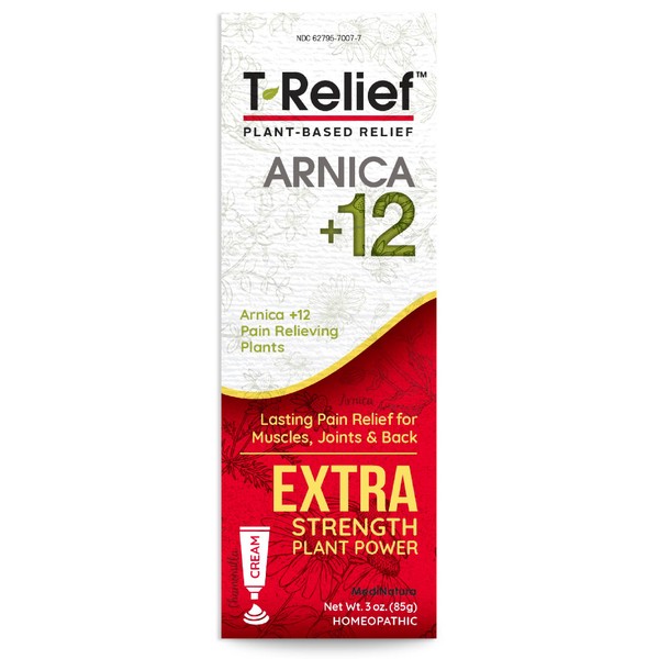 MediNatura T-Relief Extra Strength Cream Arnica +12 Natural Actives for Back Neck Joint Muscle Hand & Foot Aches Pains & Soreness - 3 oz