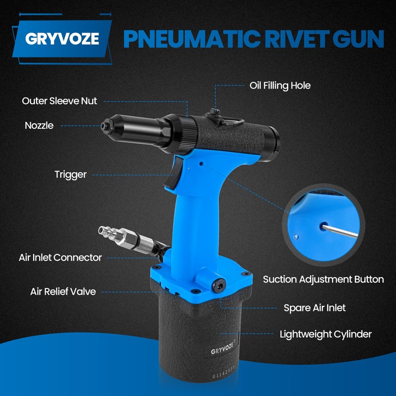 GRYVOZE Pneumatic Rivet Gun Kit – Air Pop Riveter with