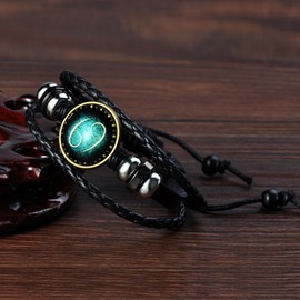 Feilok Elegant 12 Constellation Unisex Adjustable Bracelets Alloy Leather Beads Rope Bracelet Bangle Colour: Black and Blue, Stainless Steel