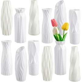 Hoolerry 12 Pcs White Flower Vases Bulk for Centerpieces Plastic White Bud Vase for Flowers Ceramic Look Flower Vase Decorative Tall Unbreakable Vase for Flowers Home Office Table(Retro Style)