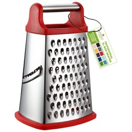 Spring Chef Professional Cheese Grater - Stainless Steel 4 Sided Box Grater for Kitchen, XL Size - Perfect Shredder for Parmesan Cheese, Carrot, Potato, Ginger - Dishwasher Safe - Red