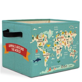 HSIASHENG Animal World Map Nursery Storage Bins Box with Handles, Boho Educational Kids Laundry Basket Hamper Collapsible Clothes Toys Organizer for Toddler Kids Room Playroom Bedroom Bathroom