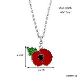 IMINI Enamel Poppy Pendant Necklace - Red Memorial Jewelry with Green Leaf Adjustable Chain 40+7.5cm for Women Memorial Day Thoughtful Gift