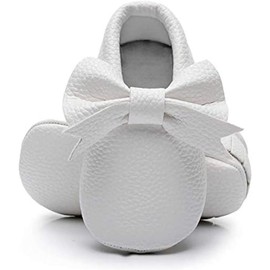Bebila Double Bow Fringe Baby Moccasins - Soft Sole Baby Shoes Girls Toddler Crib Flats White-a