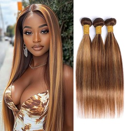 Biliisyff P4/27 Honey Blonde Ombre Straight Bundles Human Hair #4 & #27 Piano Color Mix, Highlight Chocolate Brown & Honey Blonde Bundles,Remy Hair Soft And Healthy Salon Quality 20 20 20 Inch