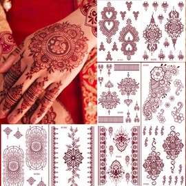 mdgfge 8 Sheets Brown Henna Tattoo Kit Lace Fake Temporary Tattoos Stickers Waterproof Henna Tattoo for Women Wedding Cosplay Party Festival Holiday Face Body Art Tattoos Decor