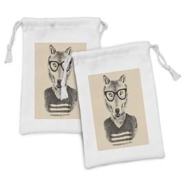 Ambesonne Hipster Fabric Pouch Set of 2, Hand Drawn Design Portrait of Happy Wolf in Stripped T Shirt and Glasses, Small Drawstring Bag for Toiletries Masks and Favors, 9" x 6", Beige Charcoal Grey