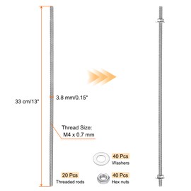 sourcing map 20pcs 8/32 Inch M4 Threaded Rods with 40pcs Hex Nuts and Washers 13 Inch 201 Stainless Steel Full Threads Right-Hand Thread for Hangers, U-Bolts, Beaded Garden Stake Rods, Silver