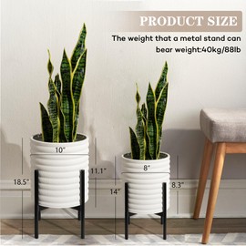 Oakrain Mid Century Planters for Indoor Plants, Set of 2, Modern Decorative Metal Planter Pots for Living Room, Office, Garden or Balcony, White Planter with Stand, 8 inch & 10 inch