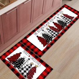 BrilliStar Christmas Kitchen Rugs Kitchen Mat Set of 2 Red Buffalo Plaid Xmas Trees Merry Christmas Cushioned Anti-Fatigue Kitchen Rugs Floor Mats for Kitchen Floor Sink Laundry, 17"x47"+17"x24"