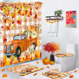 Tayney Autumn Tree Car Shower Curtain Set with Toilet Lid Cover and Non-Slip Rugs, Leaves Orange Fall Pumpkin 4 Pcs Shower Curtains for Bathroom, Farmhouse Truck Bathroom Decor Accessories Set