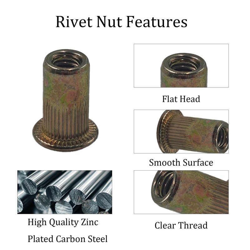 STFRBTH 110PCS 10#-24 UNC Rivet Nuts, Carbon Steel Flat Head