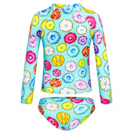TENVDA Bathing Suits for Girls Swimsuit Size 6 7 Years Old 2-Piece Long Sleeve Rash Guard Green Donuts Print Swimwear