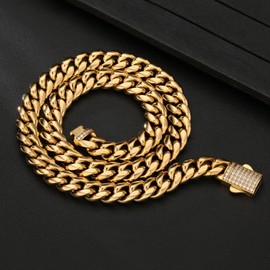 KRKC & CO Curb Chain Men's Necklace, 0.5 inch (12 mm), Stainless Steel, Miami Cuban Chain, with Zirconia, 18K Gold Plated, Men's Choker, Hypoallergenic, B Type, Hip Hop, Sparkle, Accessory, Stainless