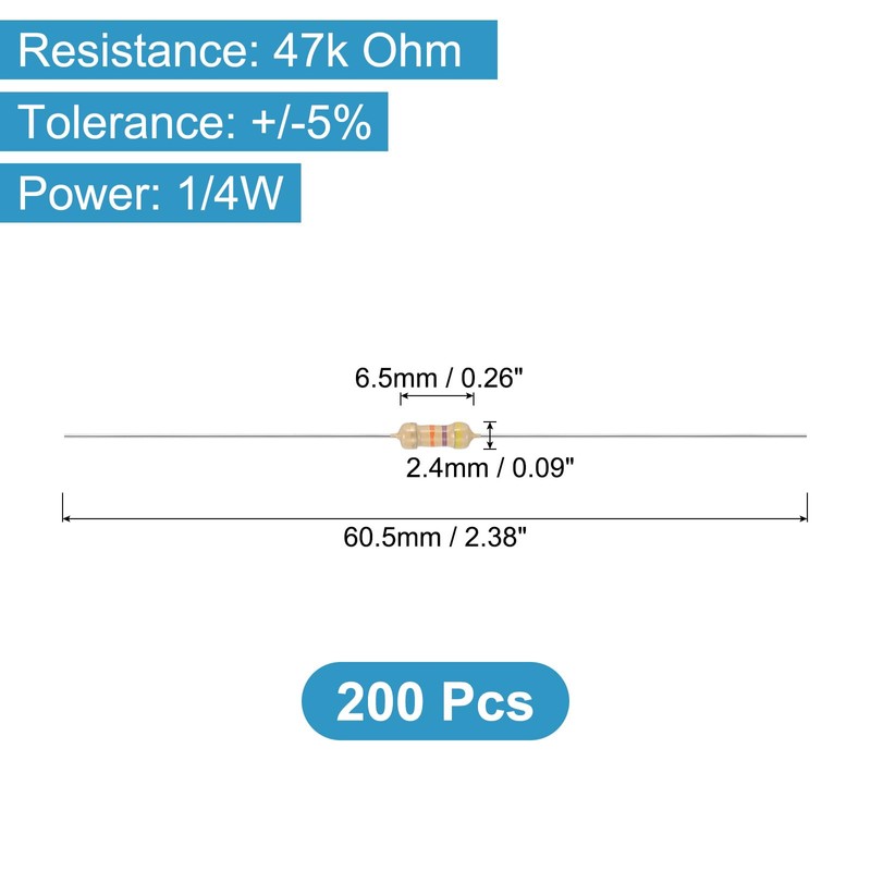 YOKIVE 200pcs 1/4W (0.25 Watt) 47k Ohm 5% Carbon Film
