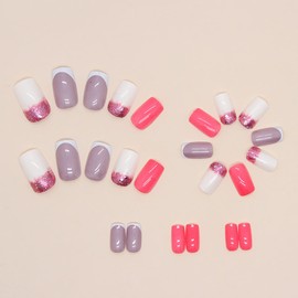 Square Fake Nails Medium French Tip Press on Nails White False Nails with Pink Glitter Design Full Cover Acrylic Nails Glossy Glue on Nails Cute Artificial Nails for Women and Girls Manicure 24Pcs