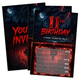 Moonle Creepy 11th Birthday Invitations for Teens, 20 Pack 4x6 inch Supernatural Stranger Night Party Invites with Envelopes, Red Black Haunted Woods Fill In Celebration Invites Cards